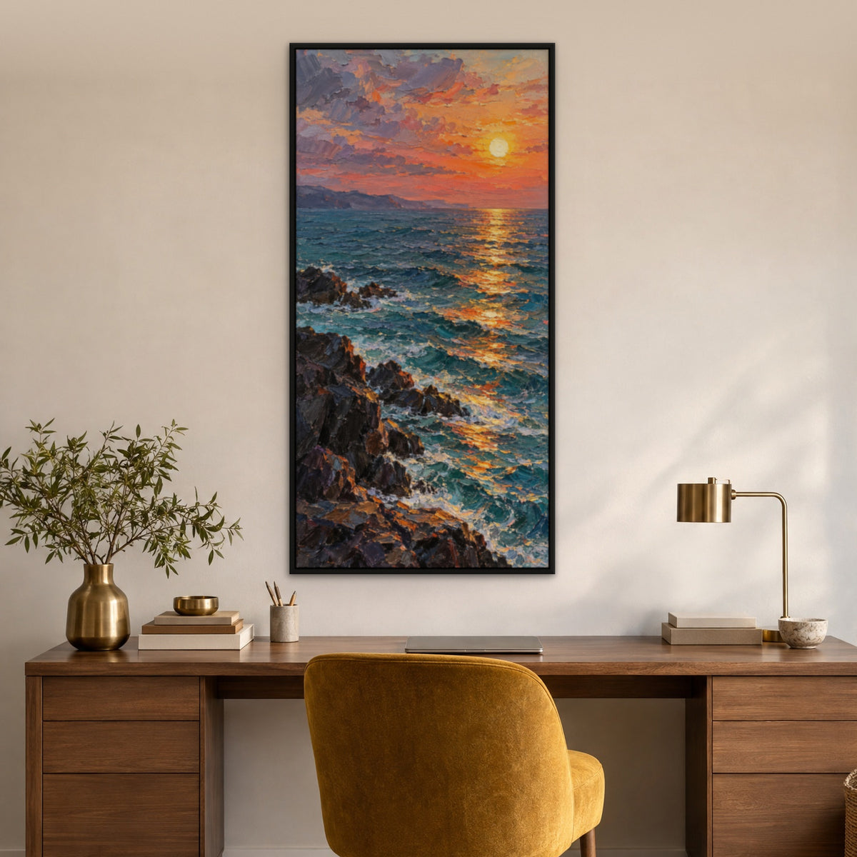 Sunset Path at Sea, colourful seascape hand-painted canvas wall art in a home office – Gallery 23