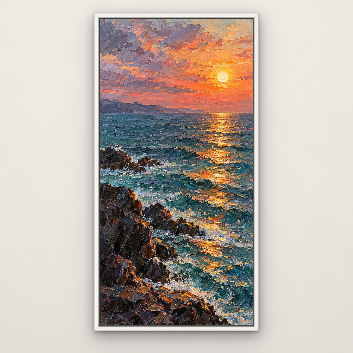 Sunset Path at Sea, colourful seascape hand-painted canvas wall art in a slim white float frame – Gallery 23