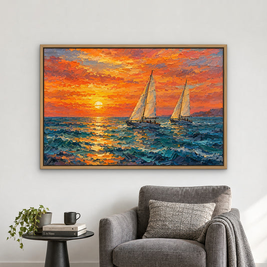 Twin Sails at Sunset, blue seascape hand-painted canvas wall art in a reading corner – Gallery 23