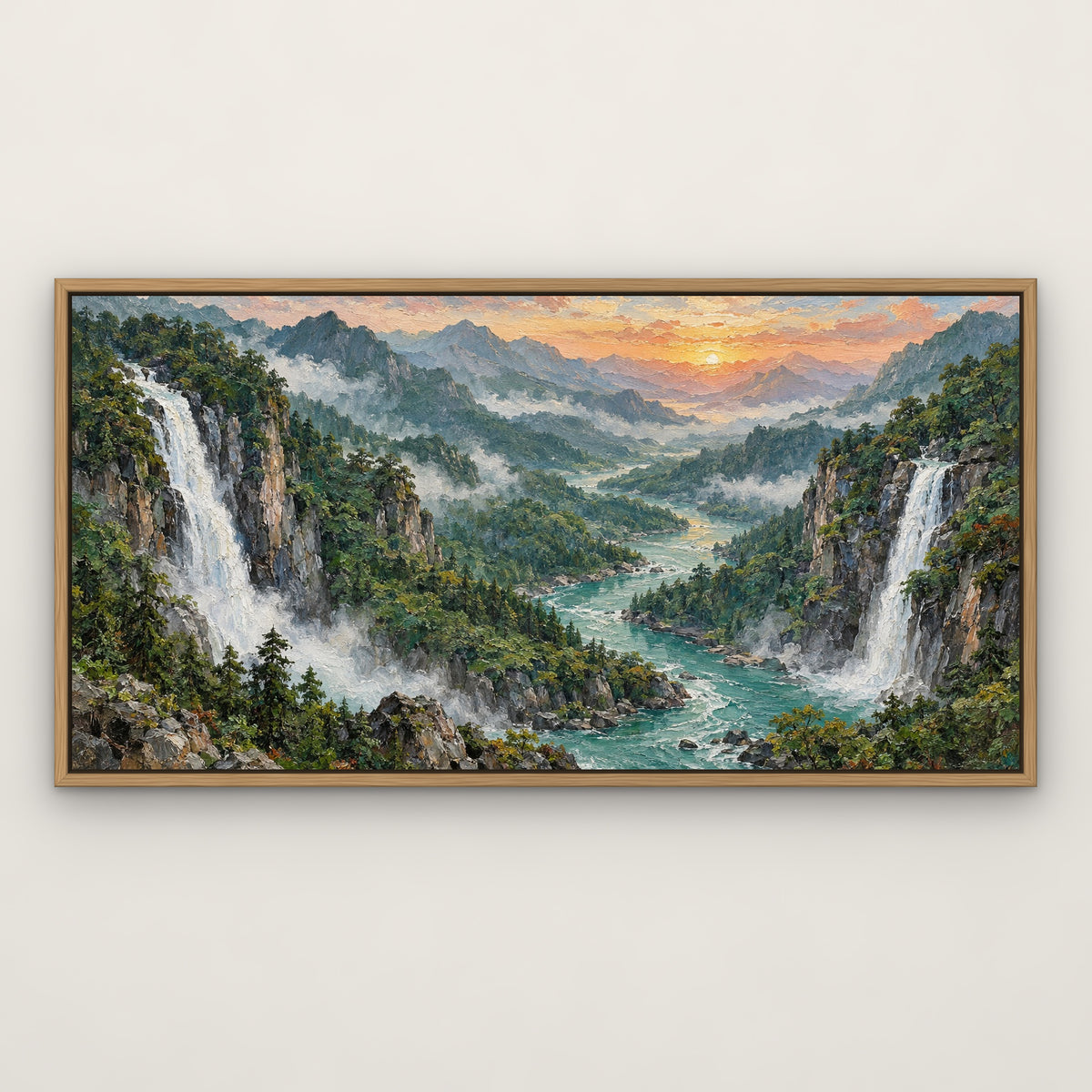 Jade Valley Falls, blue mountain landscape hand-painted canvas wall art in a slim oak float frame – Gallery 23