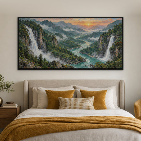 Jade Valley Falls, blue mountain landscape hand-painted canvas wall art in a bedroom – Gallery 23