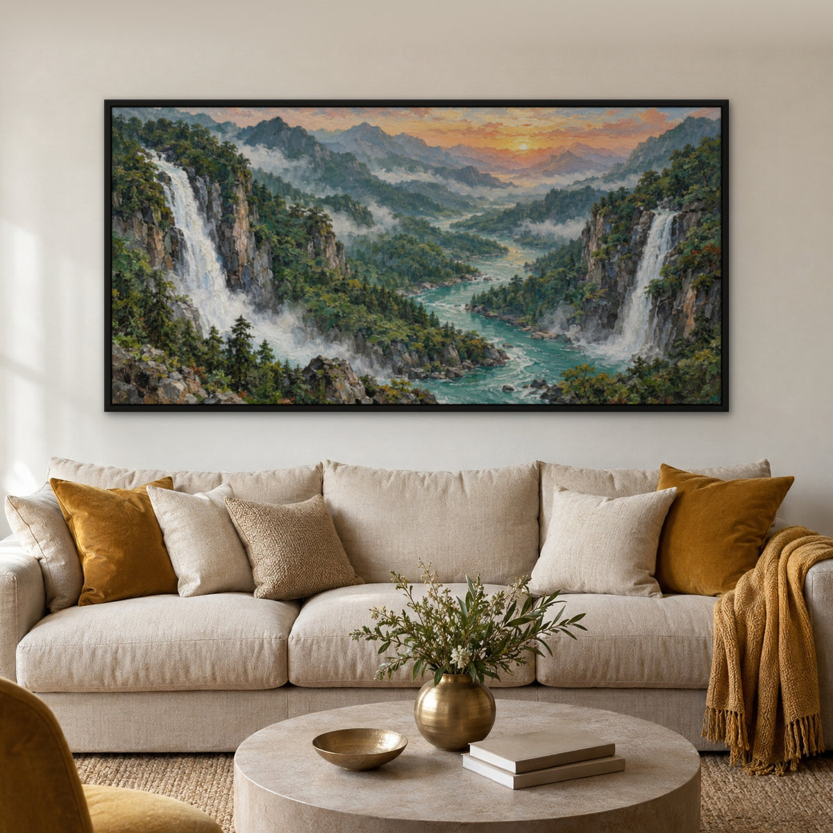 Jade Valley Falls, blue mountain landscape hand-painted canvas wall art in a living room – Gallery 23