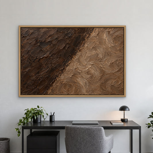 Mocha Panels, teal cityscape hand-painted canvas wall art in a home office – Gallery 23