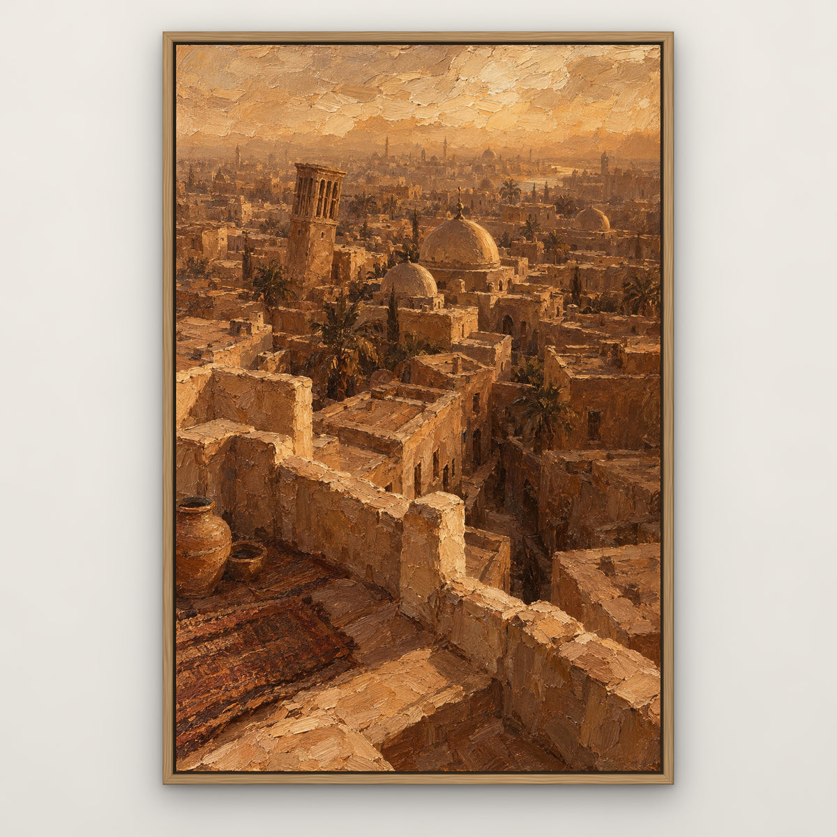 Sepia Old Town, brown cityscape hand-painted canvas wall art in a slim oak float frame – Gallery 23