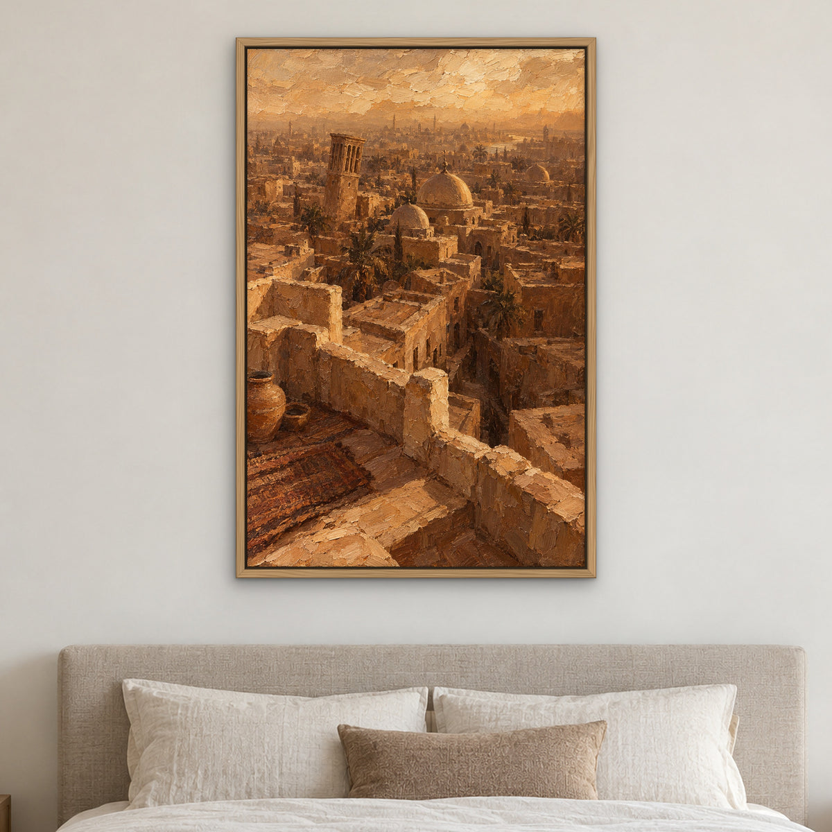 Sepia Old Town, brown cityscape hand-painted canvas wall art in a bedroom – Gallery 23