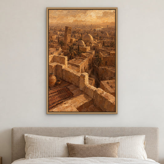 Sepia Old Town, brown cityscape hand-painted canvas wall art in a bedroom – Gallery 23