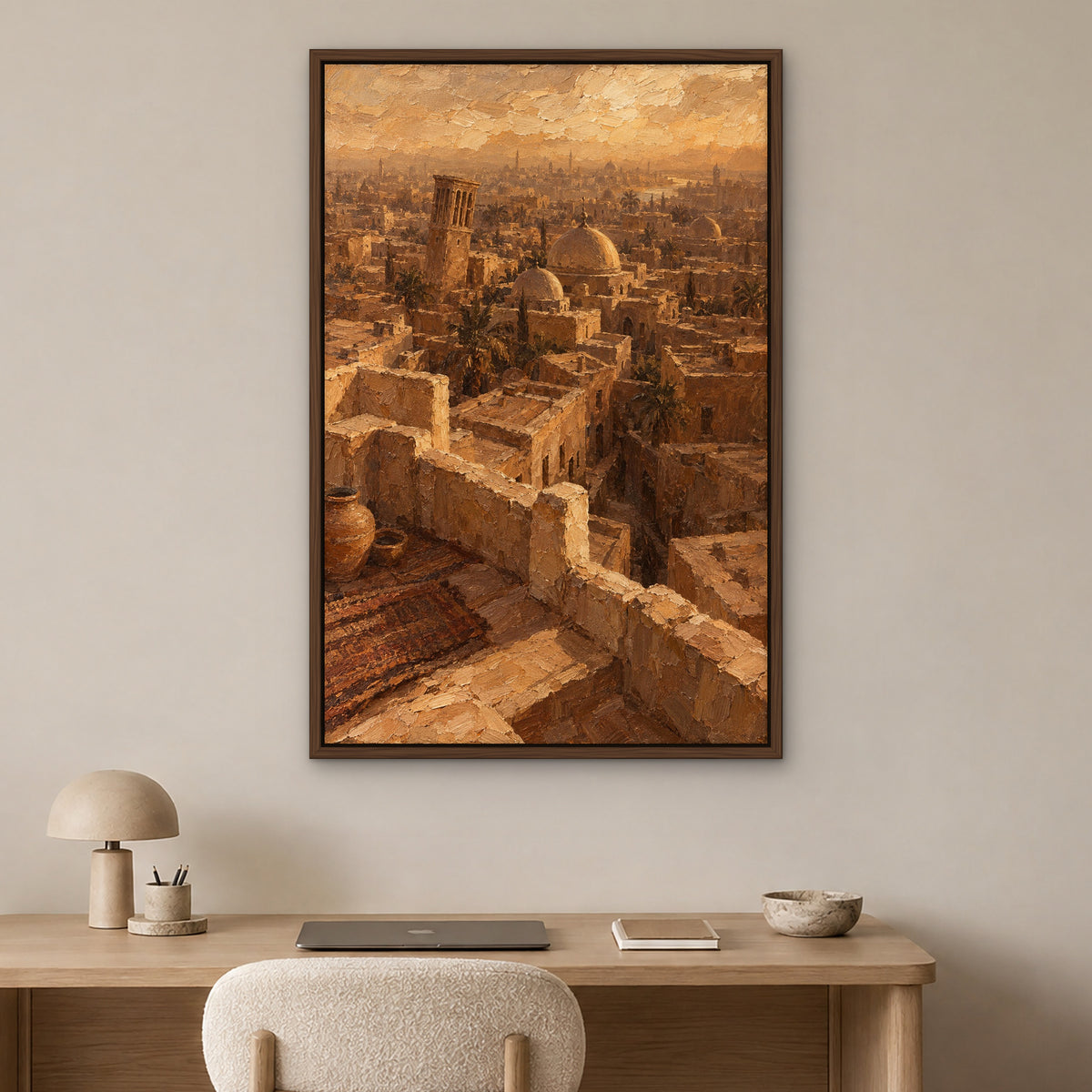 Sepia Old Town, brown cityscape hand-painted canvas wall art in a home office – Gallery 23