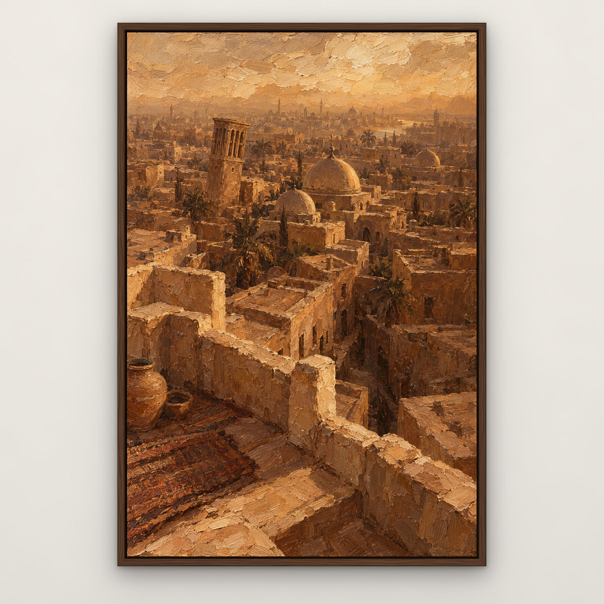 Sepia Old Town, brown cityscape hand-painted canvas wall art in a slim walnut float frame – Gallery 23