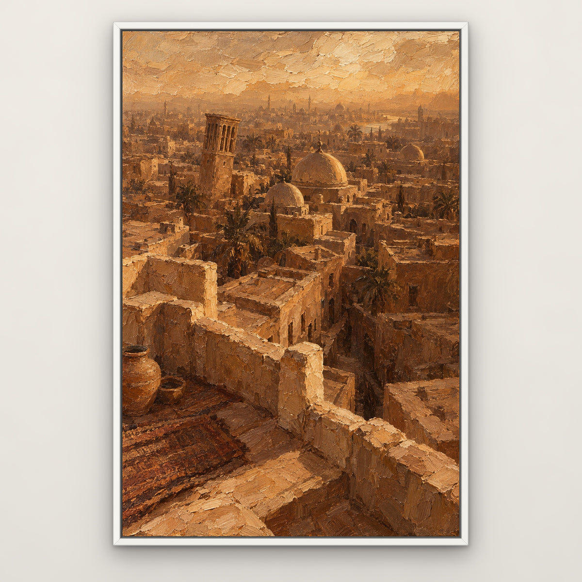Sepia Old Town, brown cityscape hand-painted canvas wall art in a slim white float frame – Gallery 23