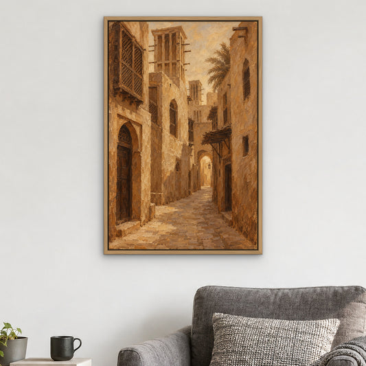 Sepia Old Quarter, brown cityscape hand-painted canvas wall art in a reading corner – Gallery 23
