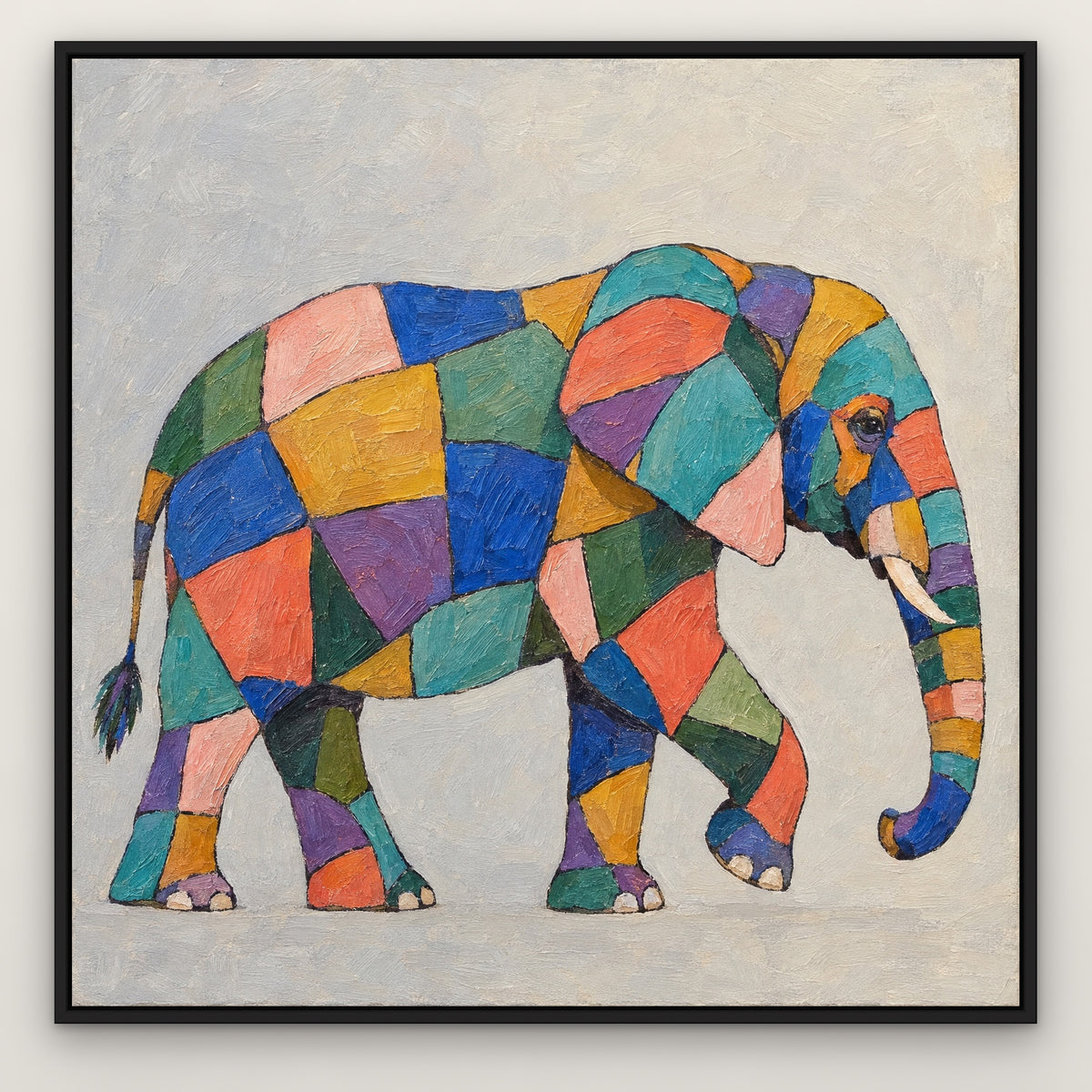 Patchwork Elephant, colourful pop art hand-painted canvas wall art in a slim black float frame – Gallery 23