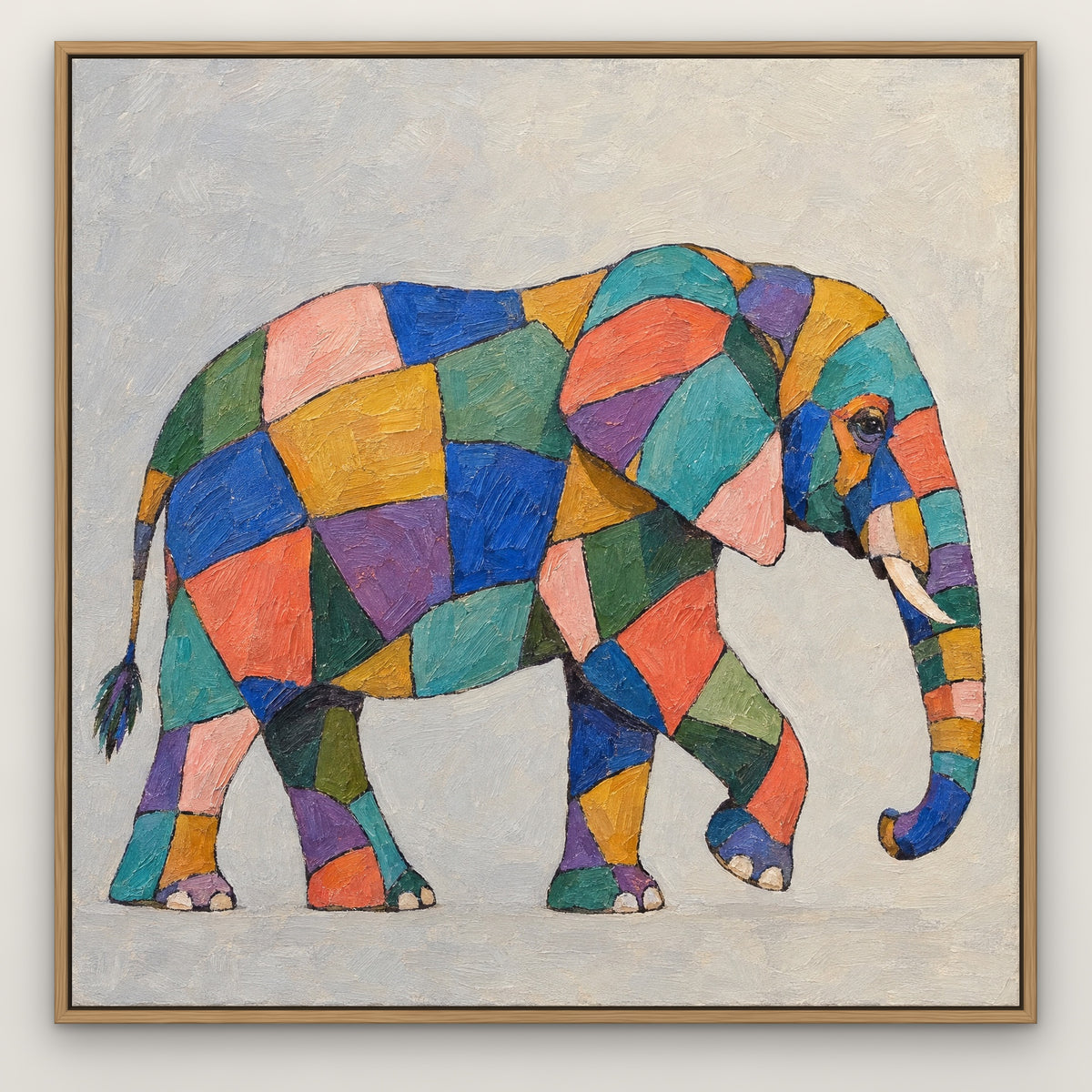 Patchwork Elephant, colourful pop art hand-painted canvas wall art in a slim oak float frame – Gallery 23