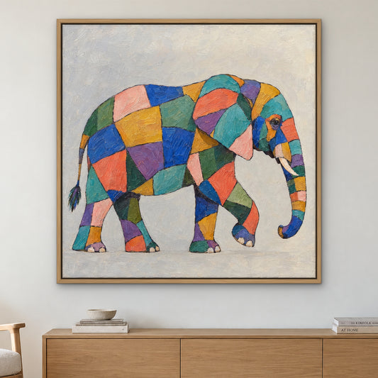 Patchwork Elephant, colourful pop art hand-painted canvas wall art in a living room – Gallery 23