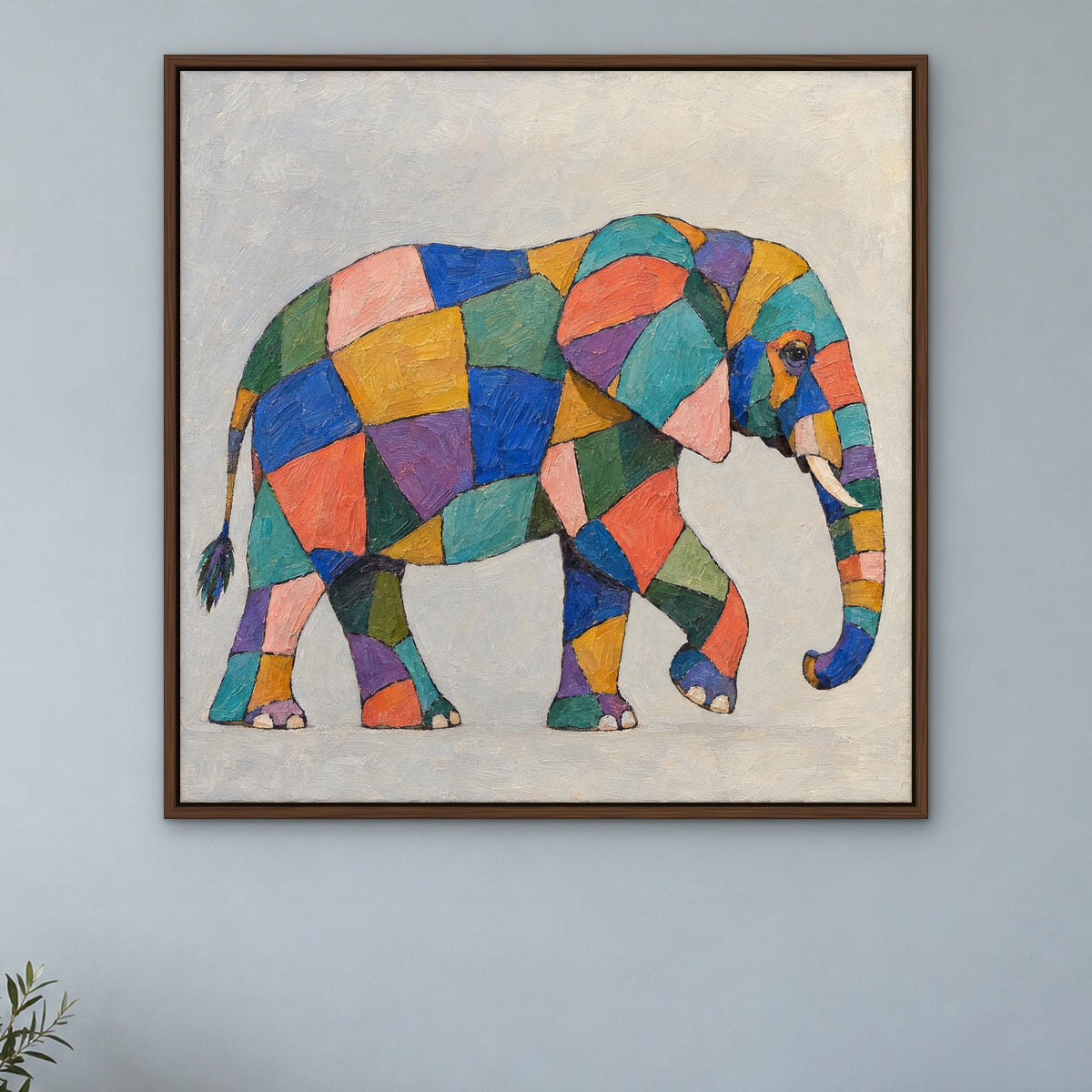 Patchwork Elephant, colourful pop art hand-painted canvas wall art in a bedroom – Gallery 23