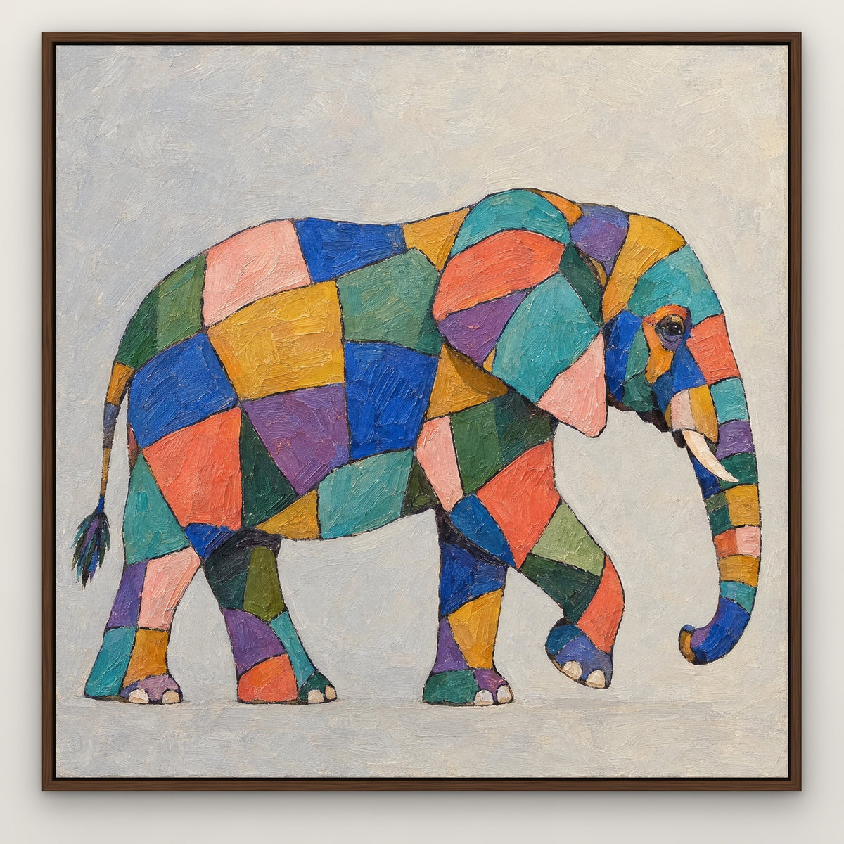 Patchwork Elephant, colourful pop art hand-painted canvas wall art in a slim walnut float frame – Gallery 23
