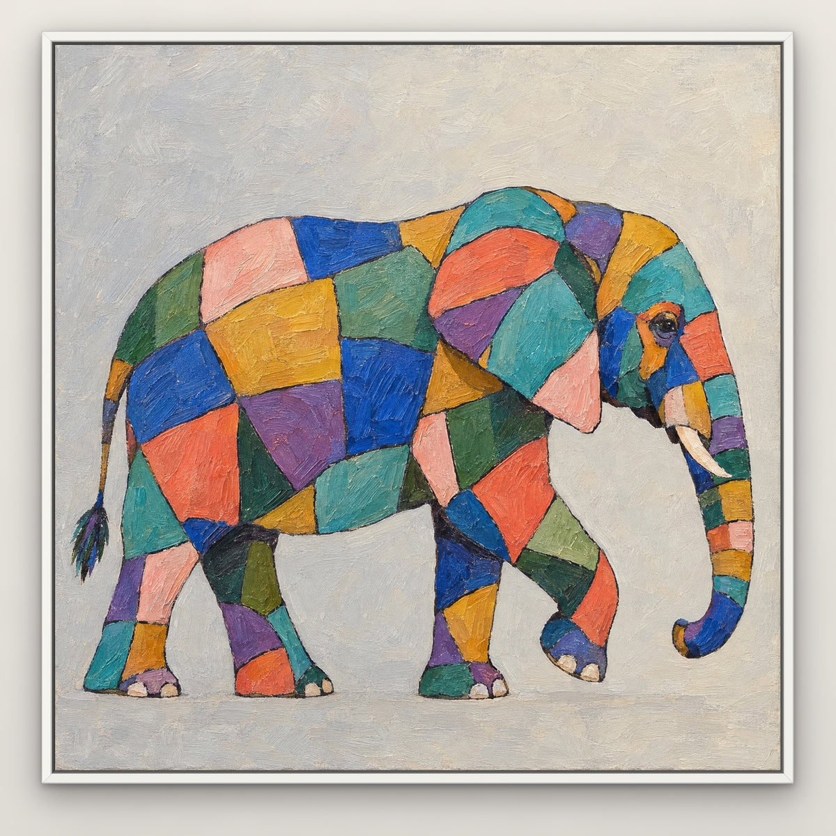 Patchwork Elephant, colourful pop art hand-painted canvas wall art in a slim white float frame – Gallery 23