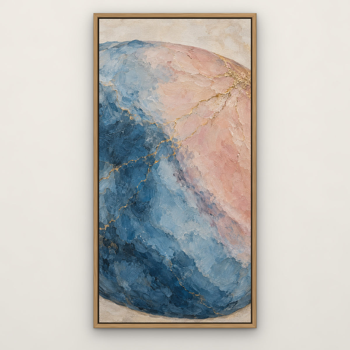 Blue Blush Stone, pink abstract hand-painted canvas wall art in a slim oak float frame – Gallery 23