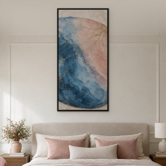 Blue Blush Stone, pink abstract hand-painted canvas wall art in a bedroom – Gallery 23