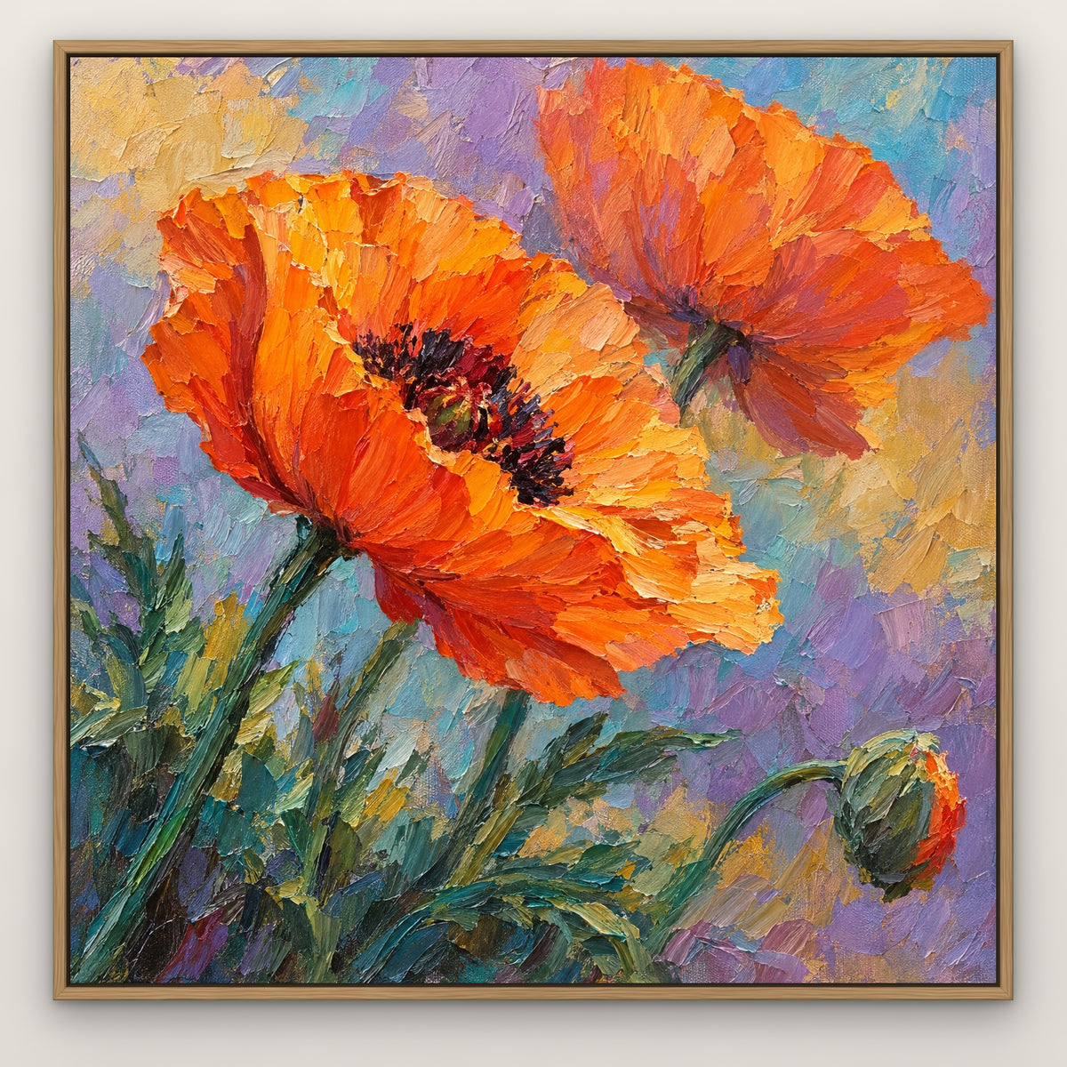 Tangerine Poppy, orange floral hand-painted canvas wall art in a slim oak float frame – Gallery 23