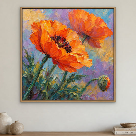 Tangerine Poppy, orange floral hand-painted canvas wall art in a dining room – Gallery 23