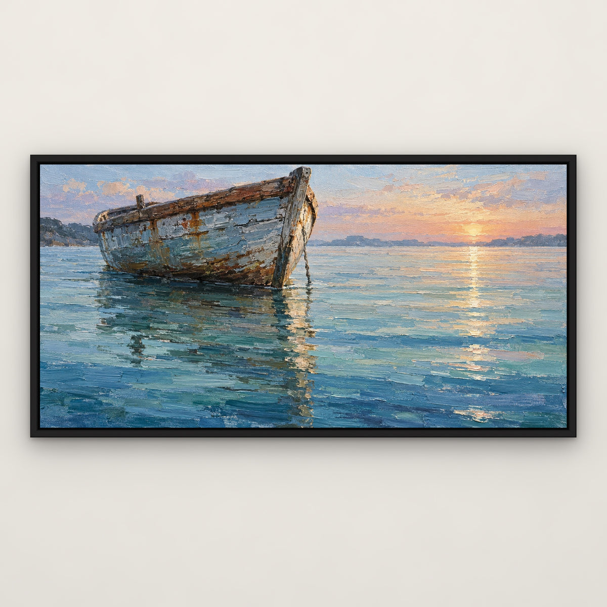 Lone Skiff, blue seascape hand-painted canvas wall art in a slim black float frame – Gallery 23
