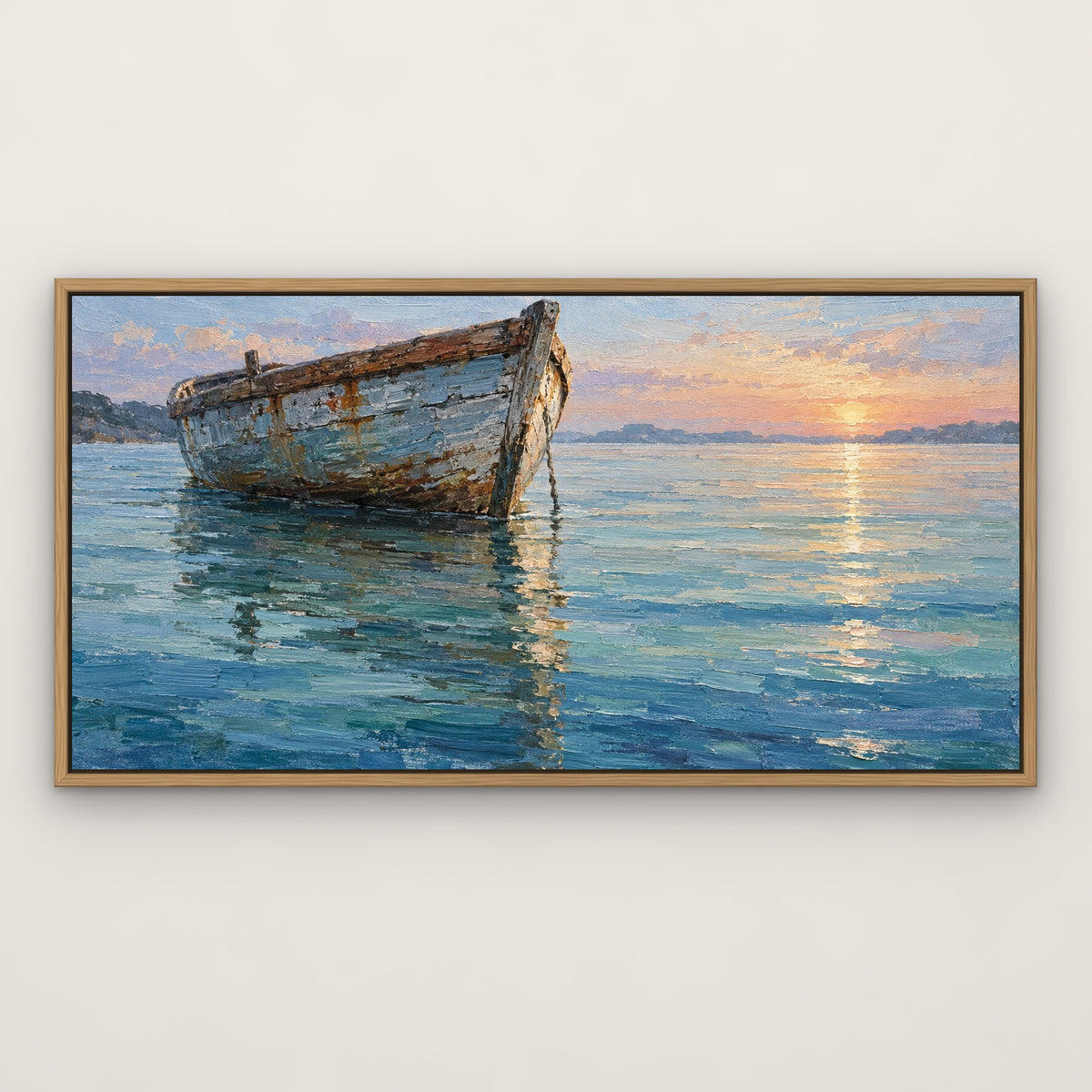 Lone Skiff, blue seascape hand-painted canvas wall art in a slim oak float frame – Gallery 23