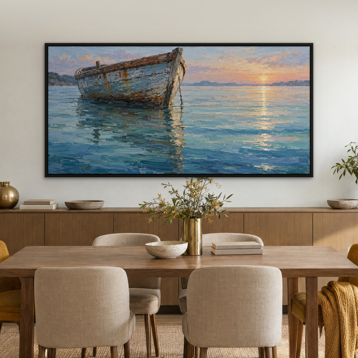 Lone Skiff, blue seascape hand-painted canvas wall art in a dining room – Gallery 23