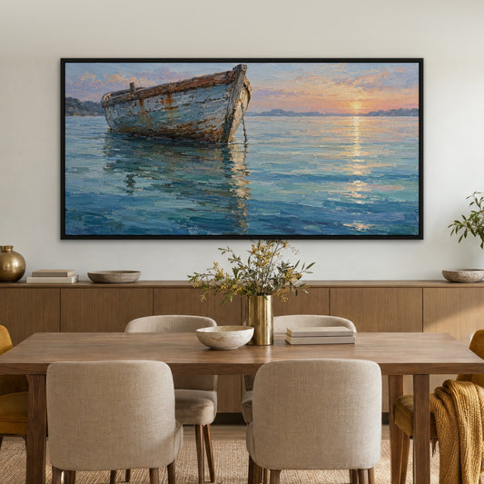 Lone Skiff, blue seascape hand-painted canvas wall art in a dining room – Gallery 23
