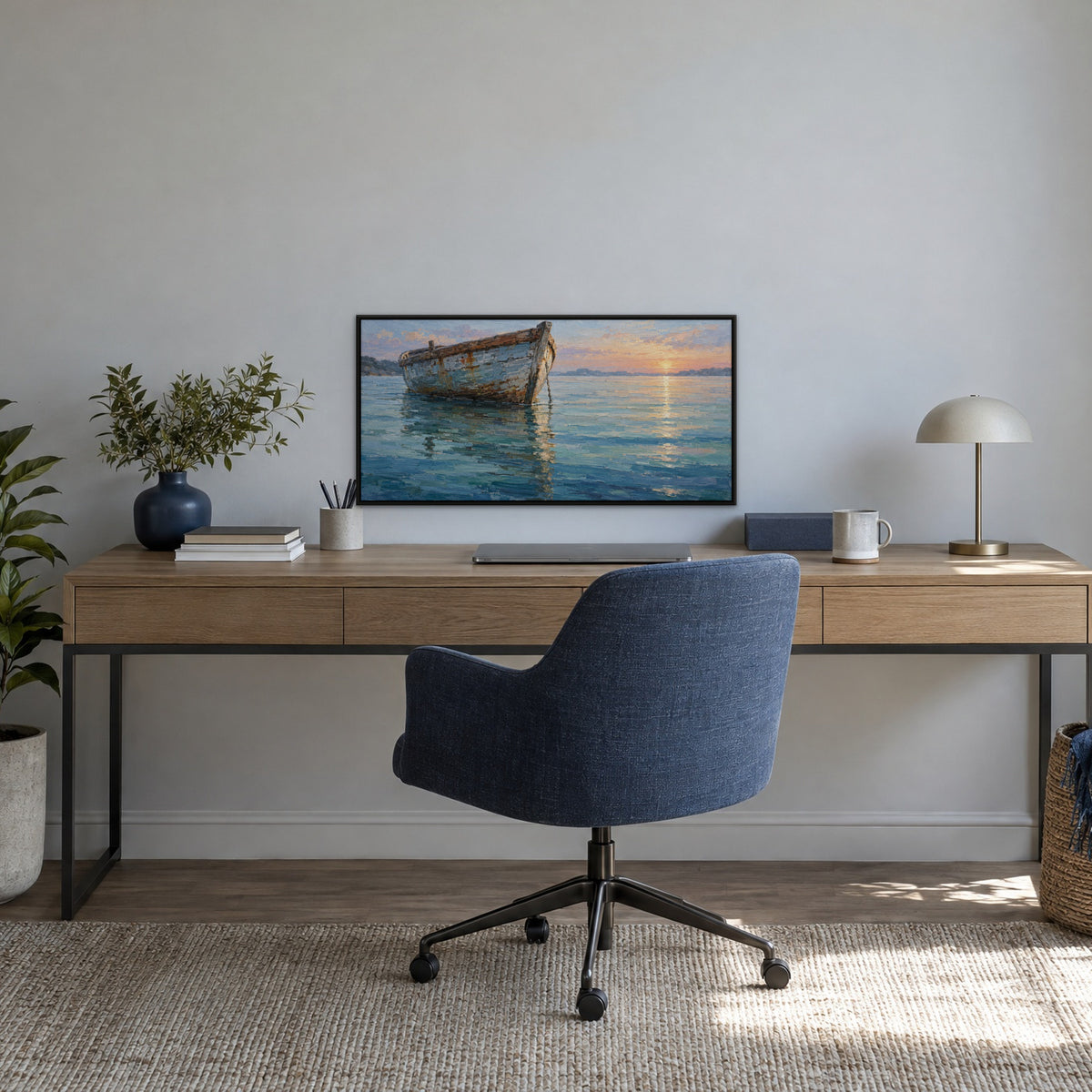 Lone Skiff, blue seascape hand-painted canvas wall art in a home office – Gallery 23