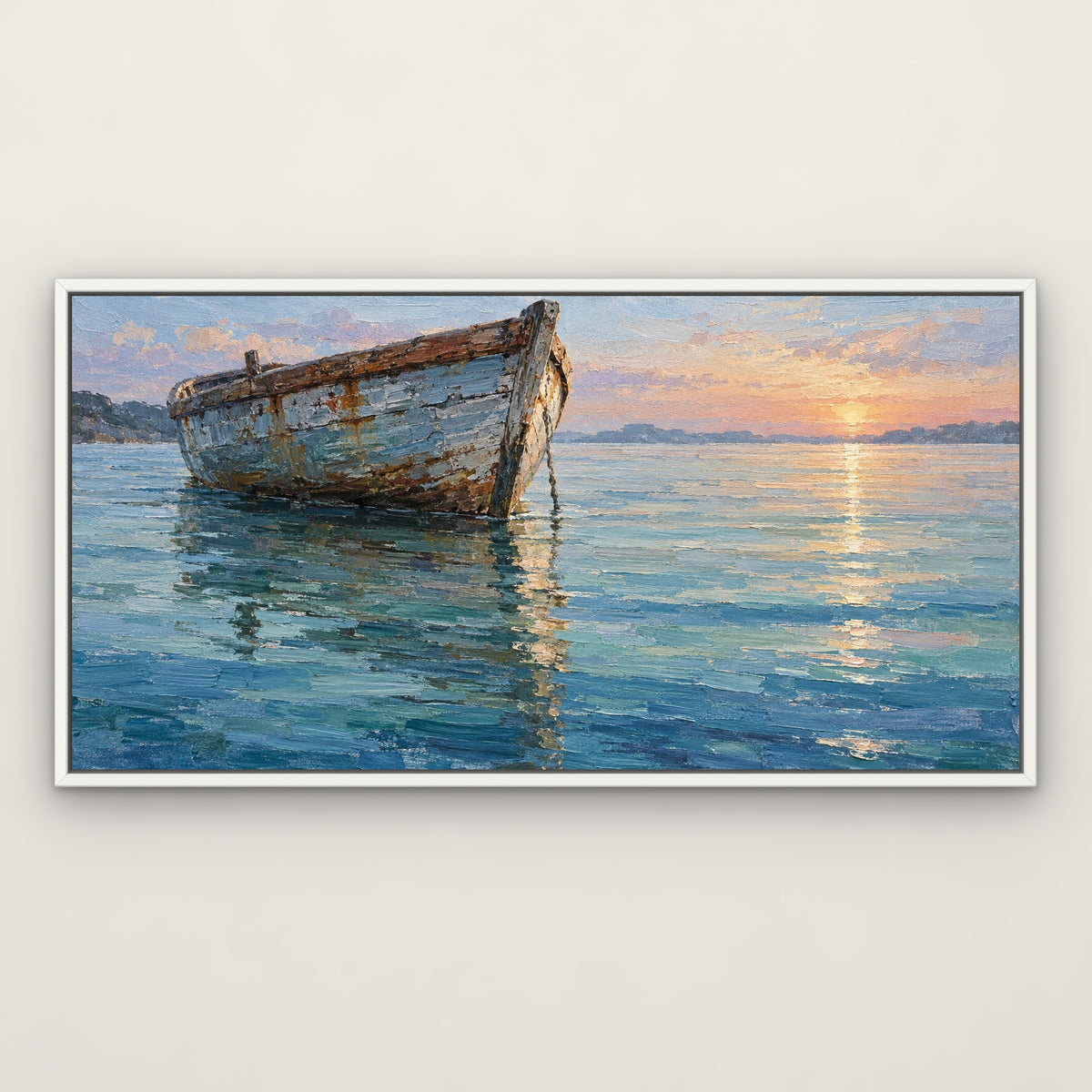 Lone Skiff, blue seascape hand-painted canvas wall art in a slim white float frame – Gallery 23