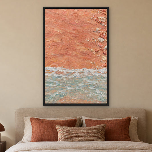 Coral Shore, orange abstract hand-painted canvas wall art in a bedroom – Gallery 23