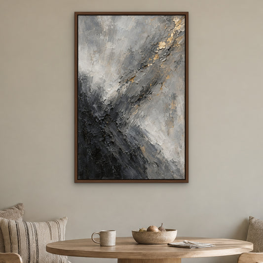 Pewter Mist, grey abstract hand-painted canvas wall art in a kitchen nook – Gallery 23