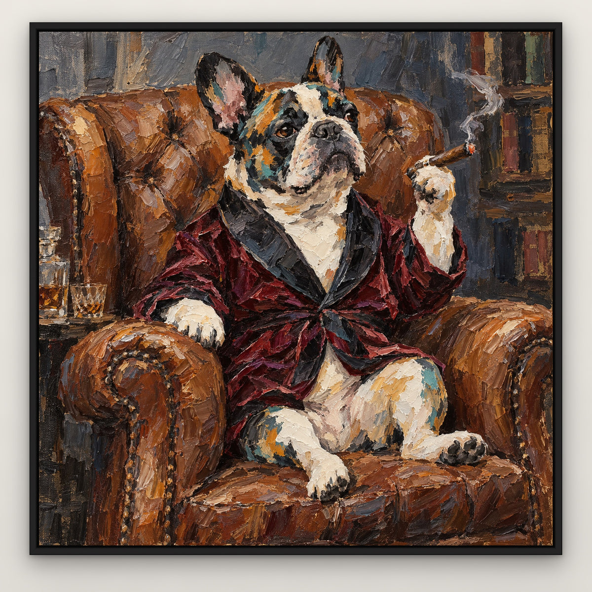 Cigar Bulldog, colourful pop art hand-painted canvas wall art in a slim black float frame – Gallery 23