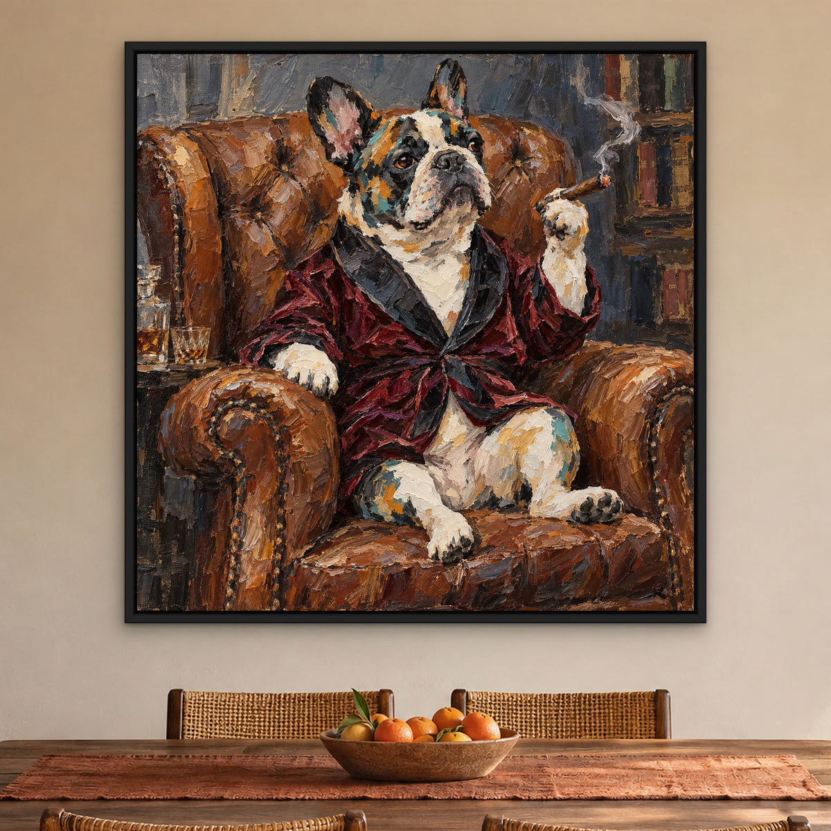 Cigar Bulldog, colourful pop art hand-painted canvas wall art in a dining room – Gallery 23