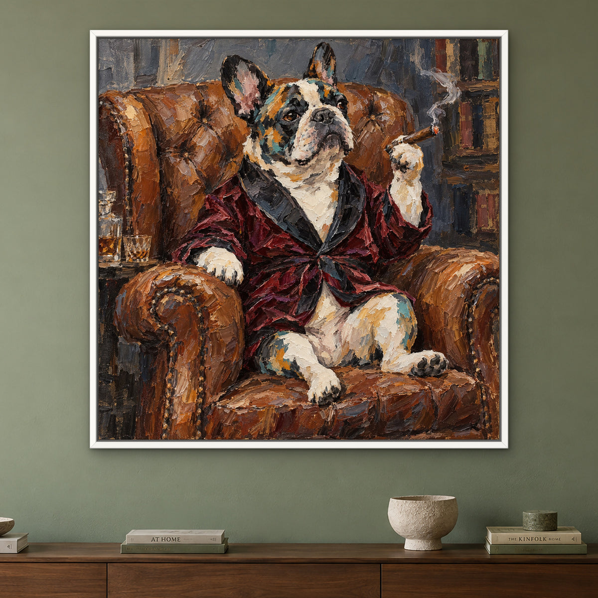 Cigar Bulldog, colourful pop art hand-painted canvas wall art in a living room – Gallery 23