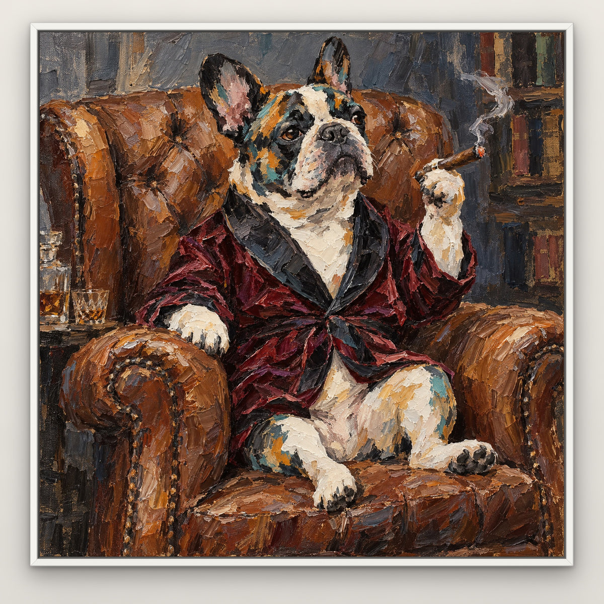 Cigar Bulldog, colourful pop art hand-painted canvas wall art in a slim white float frame – Gallery 23