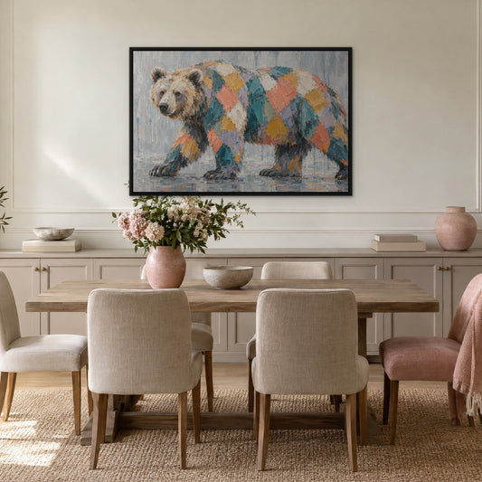 Patchwork Bear, colourful wildlife hand-painted canvas wall art in a dining room – Gallery 23