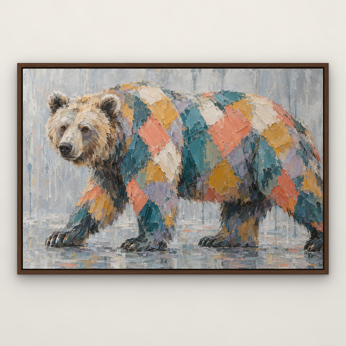 Patchwork Bear, colourful wildlife hand-painted canvas wall art in a slim walnut float frame – Gallery 23