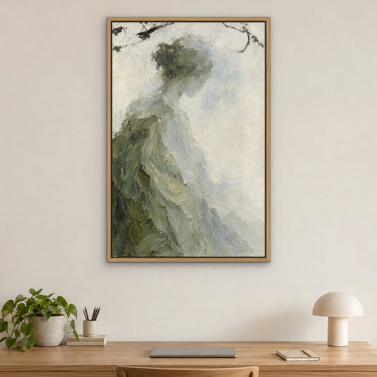 Whispered Sage, green abstract hand-painted canvas wall art in a home office – Gallery 23
