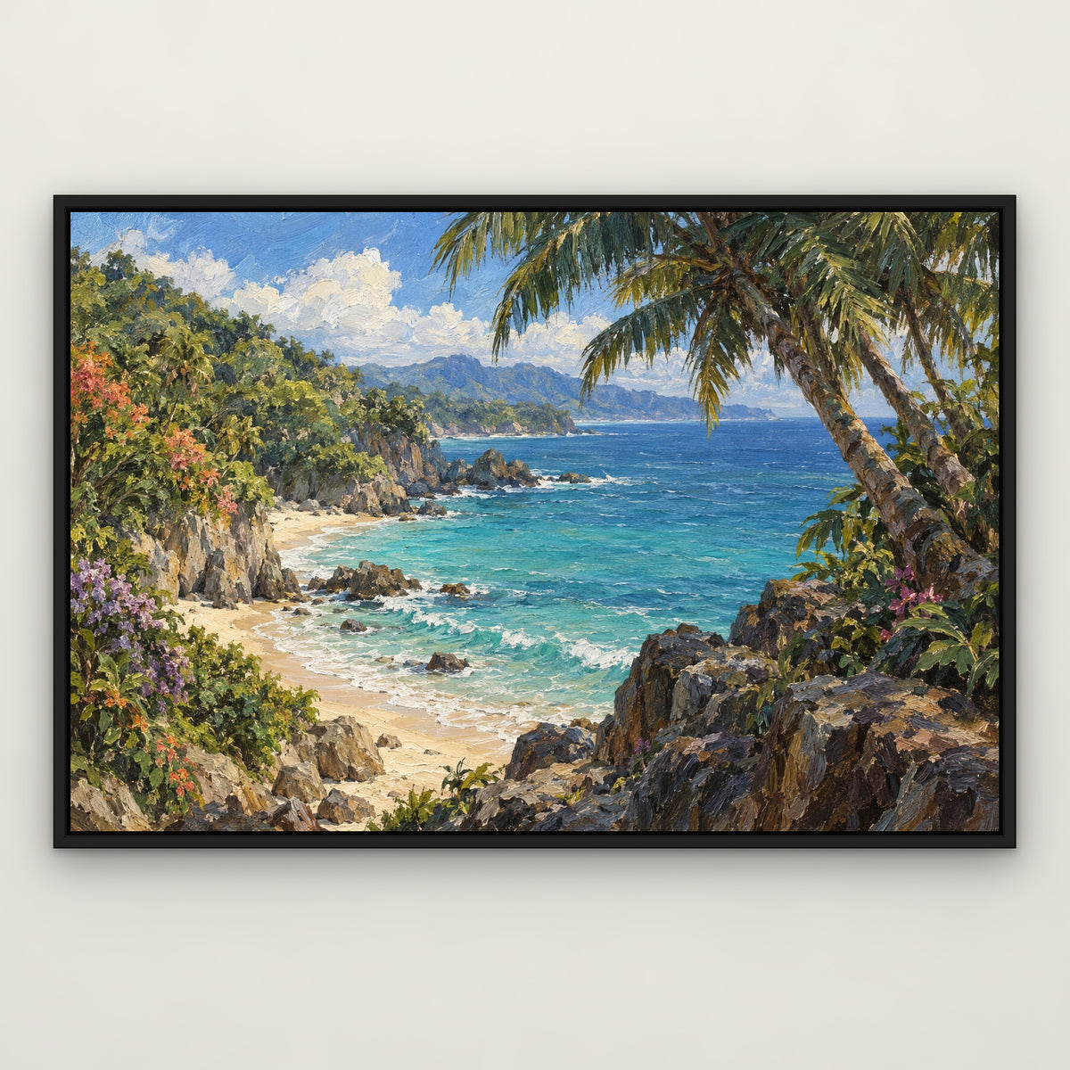 Palm Cove, blue seascape hand-painted canvas wall art in a slim black float frame – Gallery 23