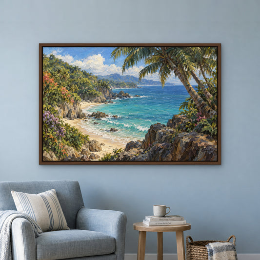 Palm Cove, blue seascape hand-painted canvas wall art in a reading corner – Gallery 23
