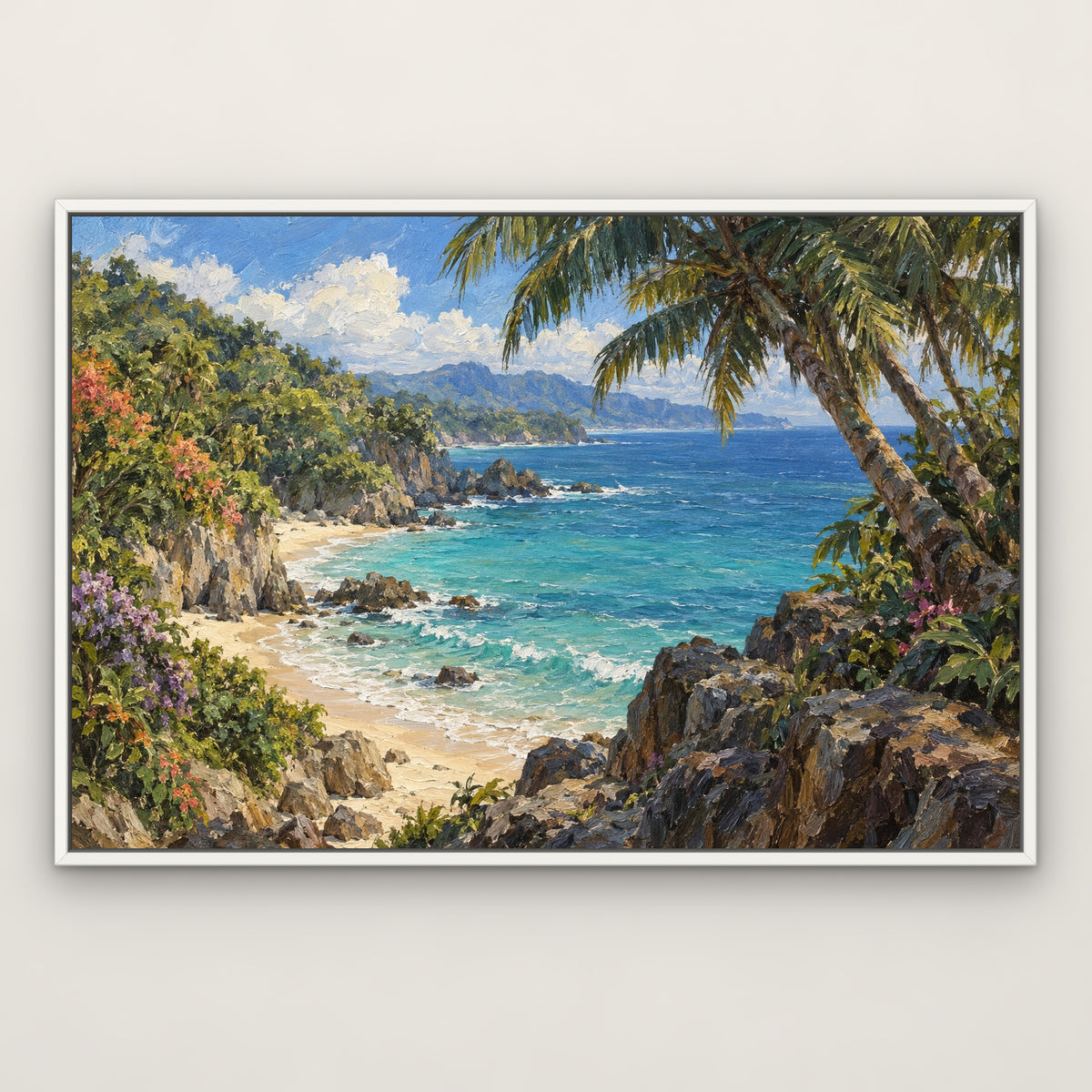 Palm Cove, blue seascape hand-painted canvas wall art in a slim white float frame – Gallery 23