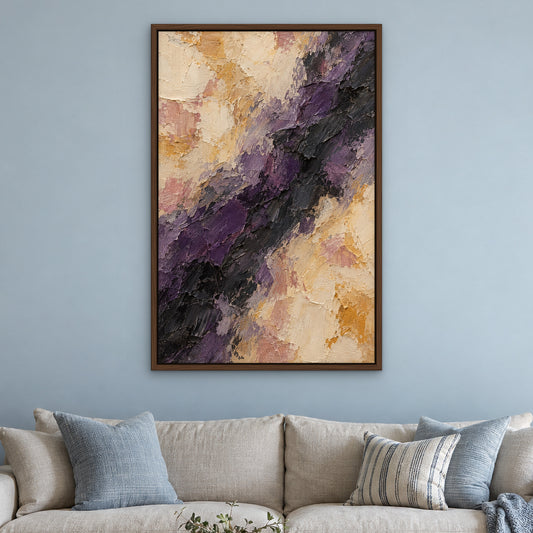 Violet Plaster, purple abstract hand-painted canvas wall art in a living room – Gallery 23