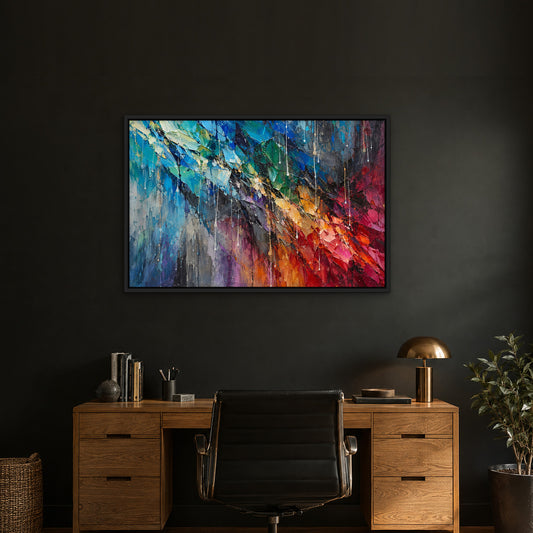 Prism Cascade, colourful abstract hand-painted canvas wall art in a home office – Gallery 23