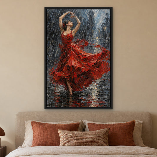 Scarlet Rain Dance, red figurative hand-painted canvas wall art in a bedroom – Gallery 23