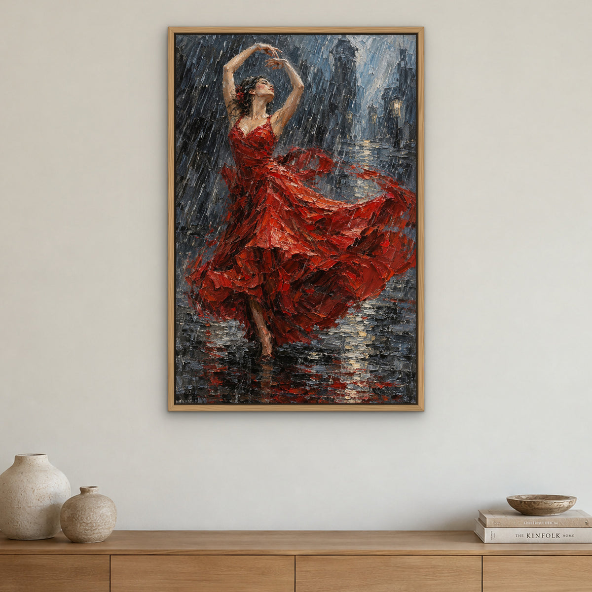 Scarlet Rain Dance, red figurative hand-painted canvas wall art in a dining room – Gallery 23