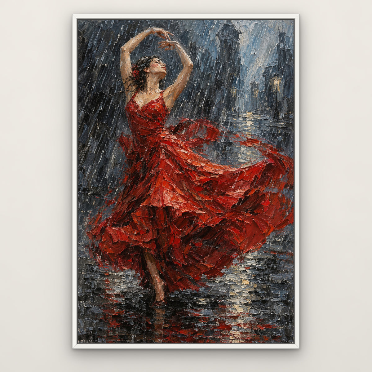 Scarlet Rain Dance, red figurative hand-painted canvas wall art in a slim white float frame – Gallery 23