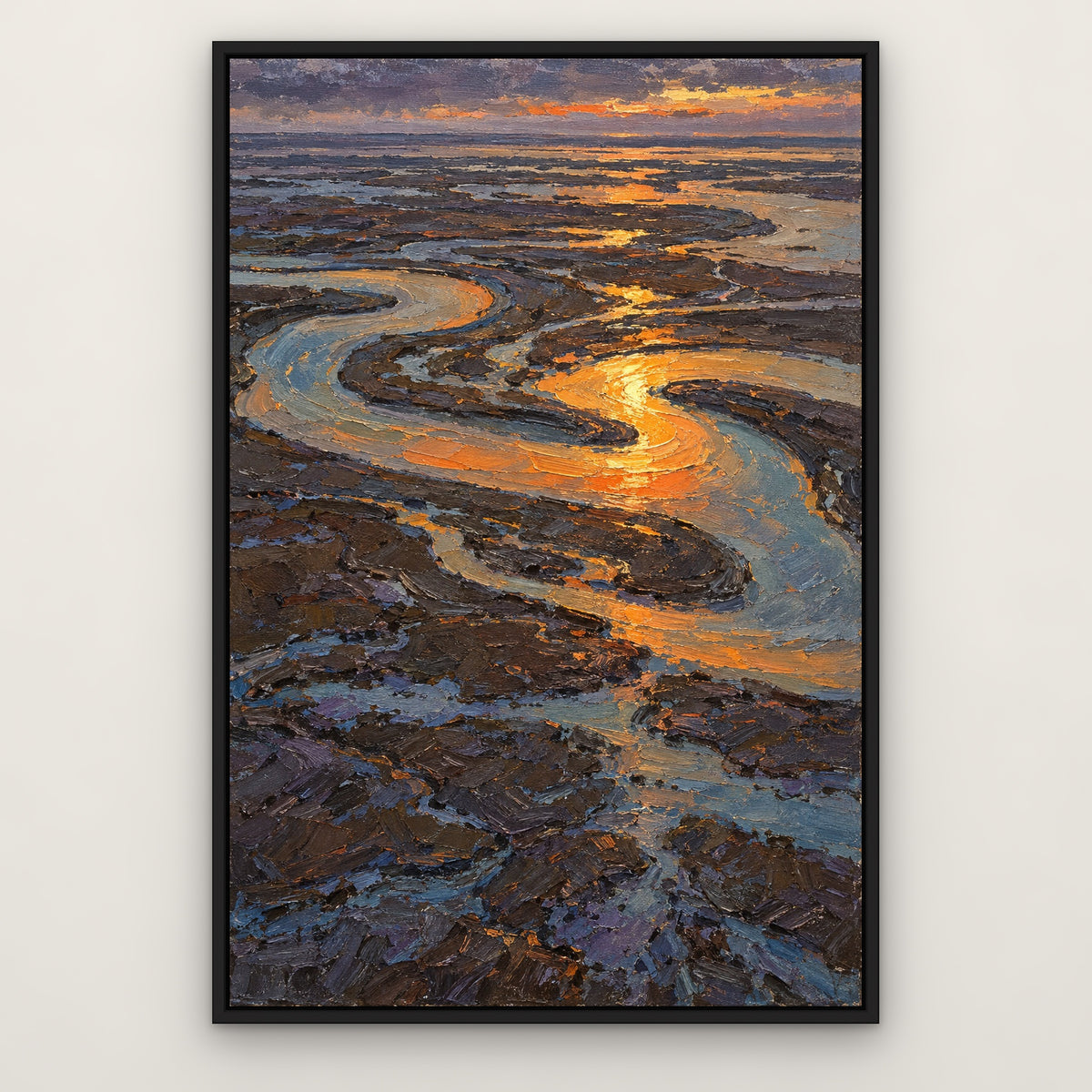Ember Estuary, blue abstract hand-painted canvas wall art in a slim black float frame – Gallery 23