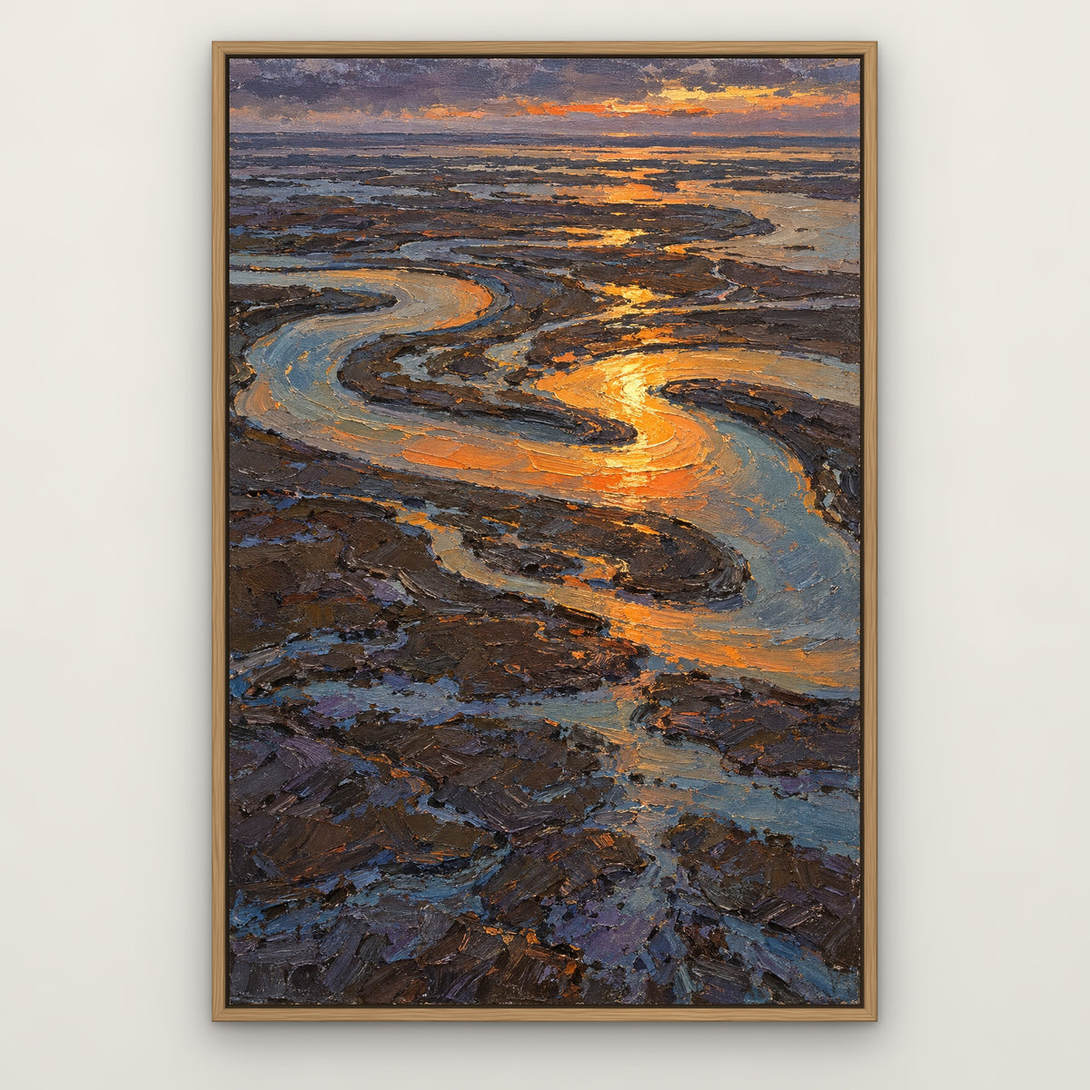 Ember Estuary, blue abstract hand-painted canvas wall art in a slim oak float frame – Gallery 23