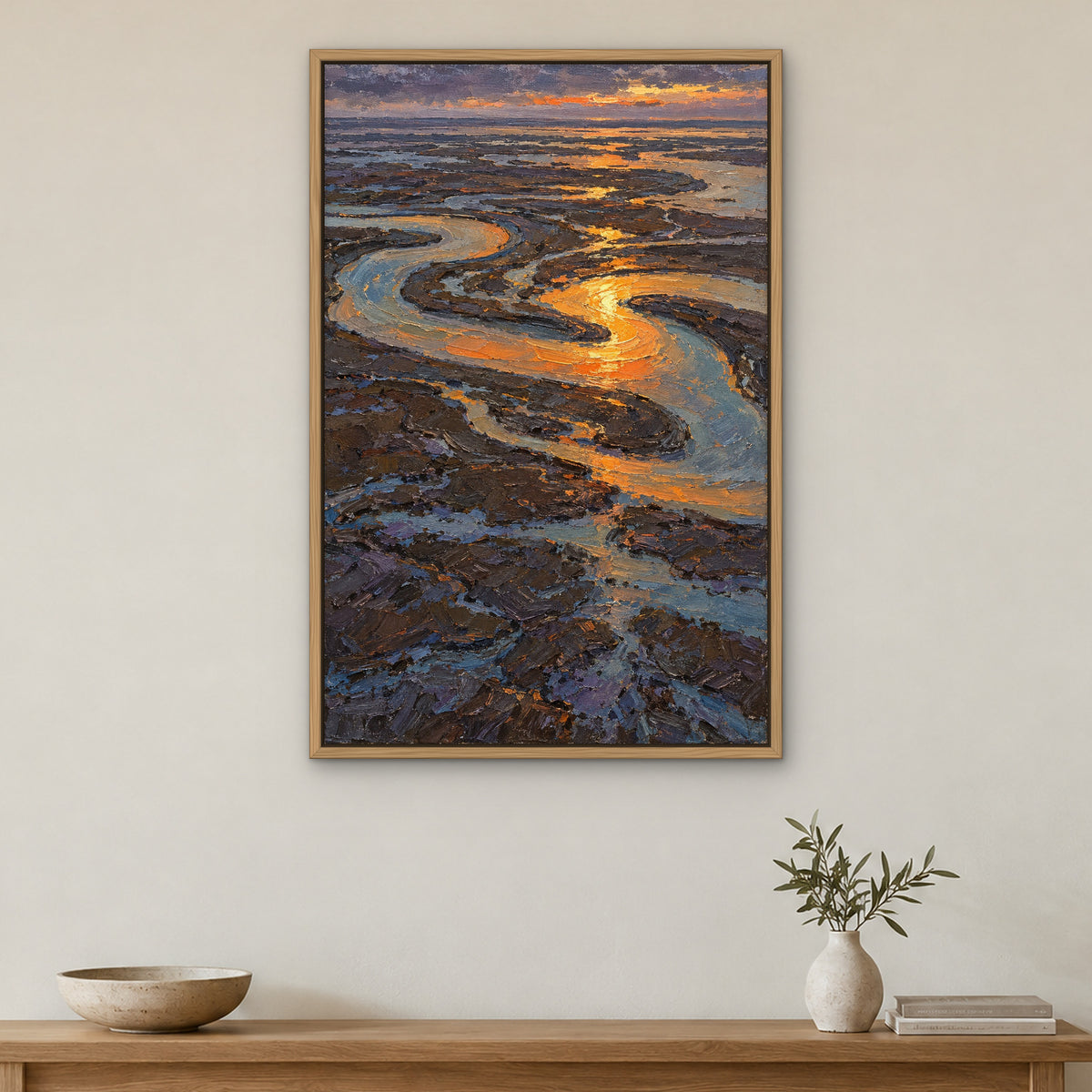 Ember Estuary, blue abstract hand-painted canvas wall art in a hallway – Gallery 23